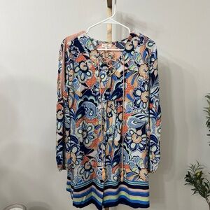 Red Camel Floral Print Midi Dress - Blue and Orange